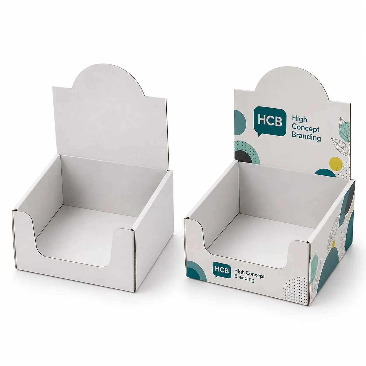 Professional white and branded teal cardboard counter display boxes for organised retail shelf presentation and visibility. class=